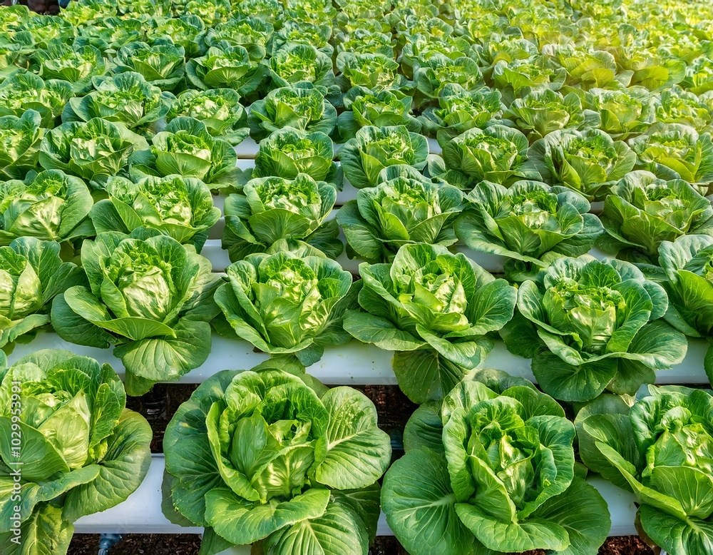 Fresh green butterhead lettuce thrives in a greenhouse using an organic hydroponic system. generative ai Fresh green butterhead lettuce thrives in a greenhouse using an organic hydroponic system. generative ai