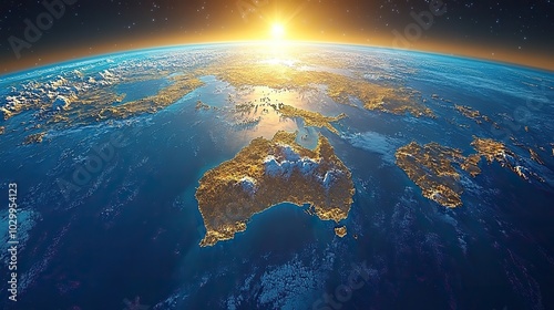 A physical map of planet Earth, focusing on Australia, features a satellite view with the sun shining on the horizon, highlighting the continent’s geography.
