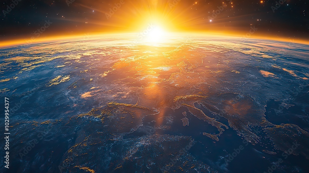 A physical map of planet Earth, highlighting Western Europe, features a satellite view with the sun shining on the horizon. A physical map of planet Earth, highlighting Western Europe, features a satellite view with the sun shining on the horizon.
