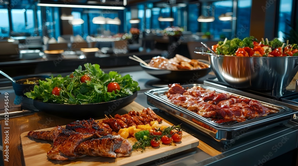 Obraz premium Upscale Gourmet Buffet Feast with a Diverse Array of Grilled Meats Rich Decor and Warm Lighting Capturing an Elegant and Refined Dining Experience with a Futuristic Tetradic Color Scheme