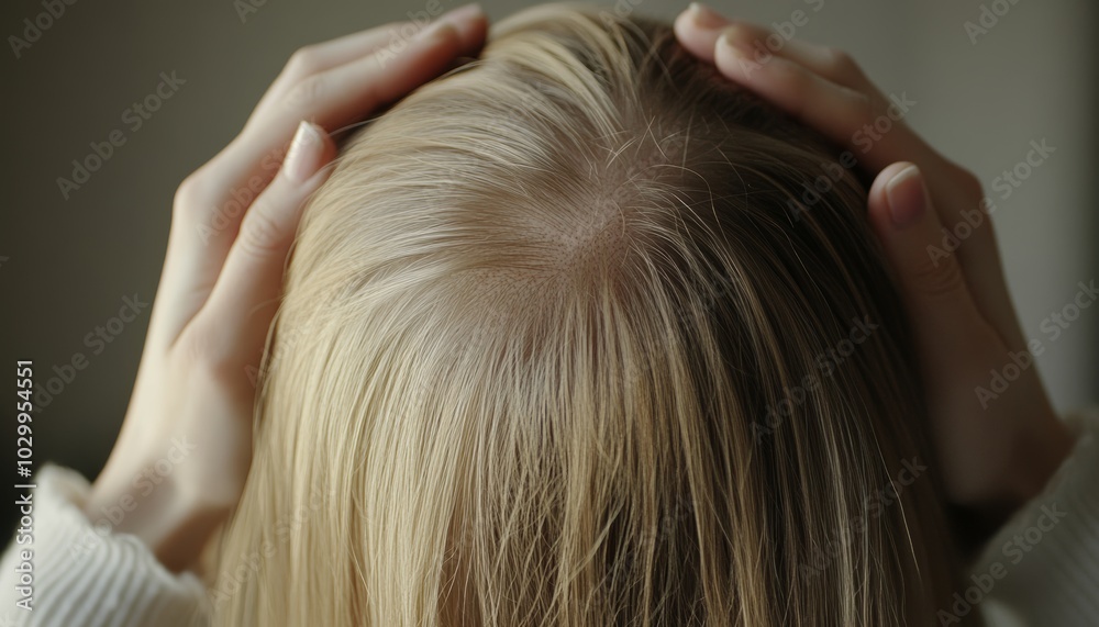 Fototapeta premium Close-up of a Woman with Thinning Hair and Balding, Holding Her Hand to Her Head, Potential Use for Hair Loss or Alopecia Awareness Generative AI