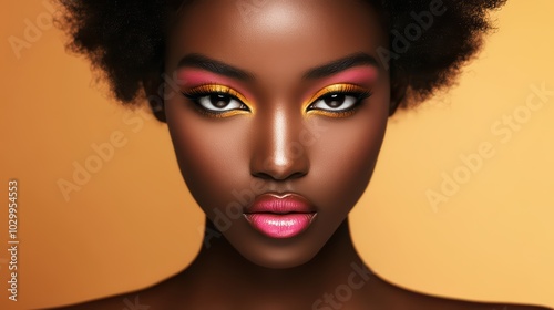 Fashion and Beauty Advertising. A close-up shot of a model's makeup, showcasing vibrant eyeshadows and perfectly applied lipstick.