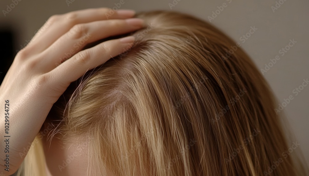 Woman with Thinning Hair Holding Hand to Head, Concerned Expression Generative AI Woman with Thinning Hair Holding Hand to Head, Concerned Expression Generative AI