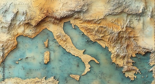 A physical map of the Mediterranean region with high-resolution details provides a flattened satellite view of the area's geography and topography.