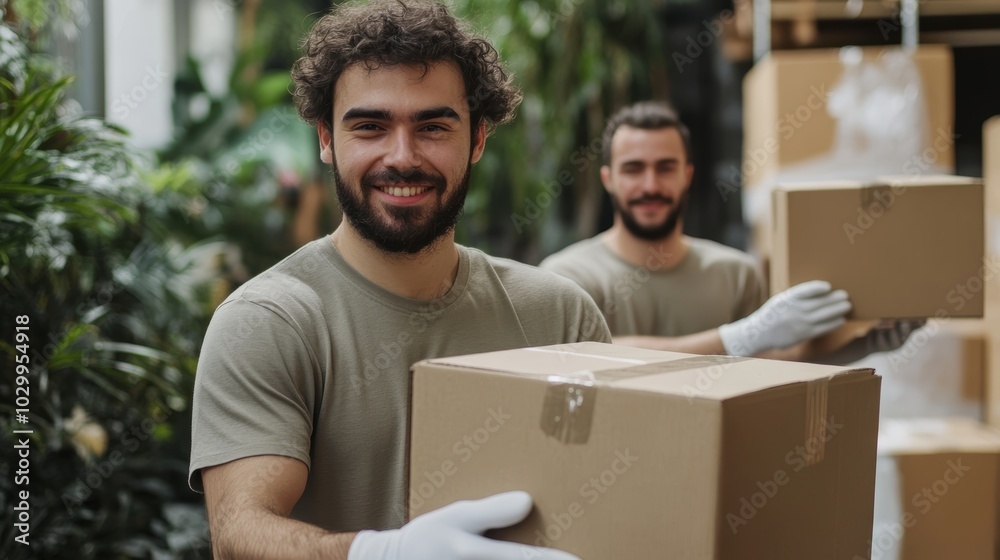 Two young Australian delivery company workers in corporate office moving with care Generative AI Two young Australian delivery company workers in corporate office moving with care Generative AI