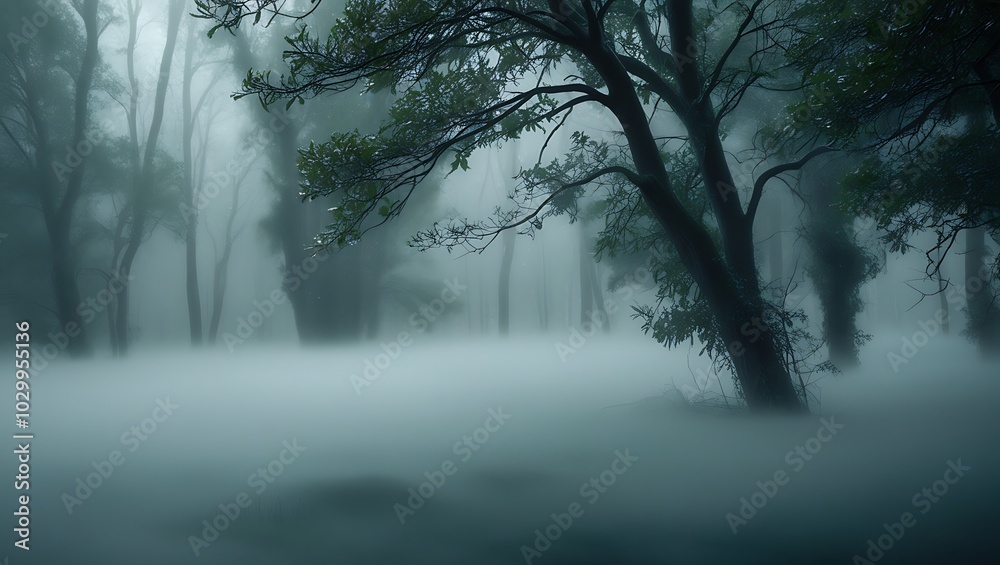Fototapeta premium Mystical Foggy Forest with Dew-Drenched Leaves and Tranquil Atmosphere.