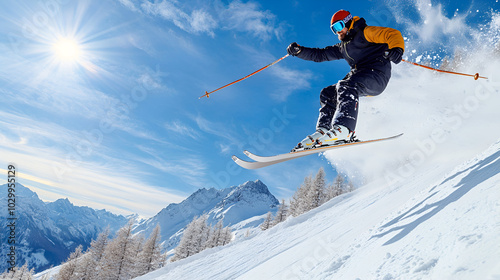 skier jumping in the snow mountains on the slope with his ski and professional equipment on a sunny day.  photo