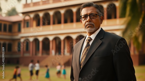Confident and Respected Indian School Principal Outside Historic Campus with Focused Expression