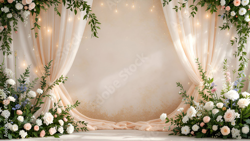 A white wall is adorned with two sheer, peachcolored drapes framing a floral arrangement. The flowers are white and peach with greenery, and small white lights add a warm glow.