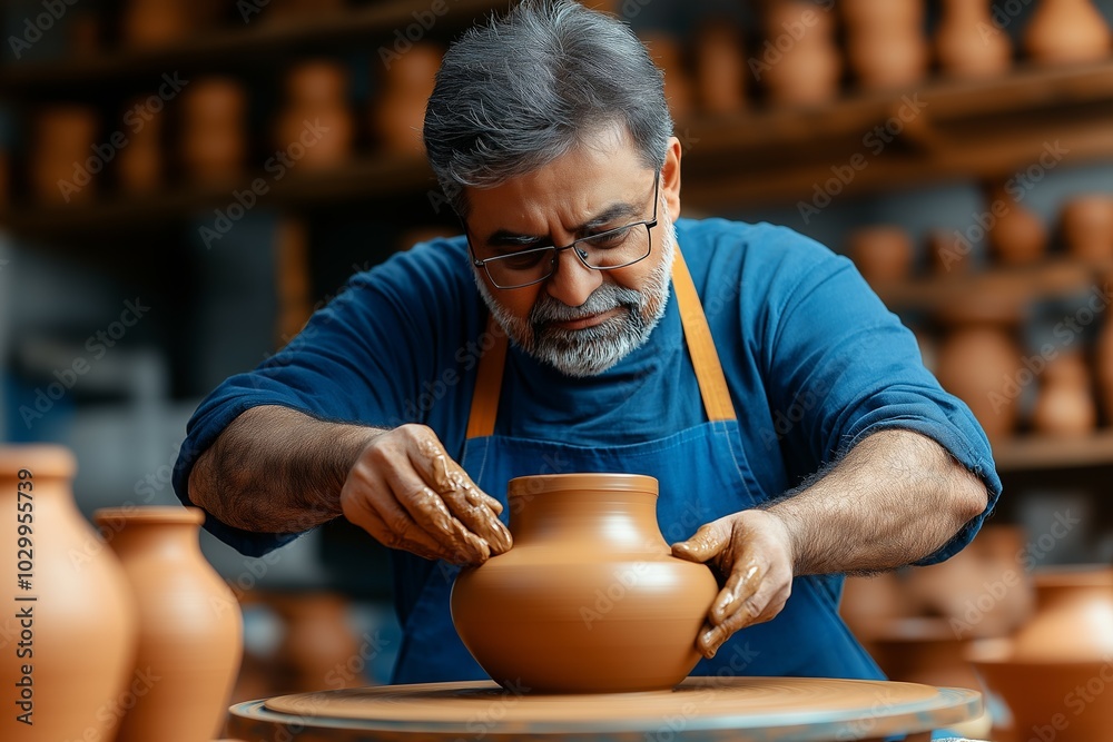 Focused Indian Potter Shaping Clay Vase on Pottery Wheel in Traditional Workshop Focused Indian Potter Shaping Clay Vase on Pottery Wheel in Traditional Workshop