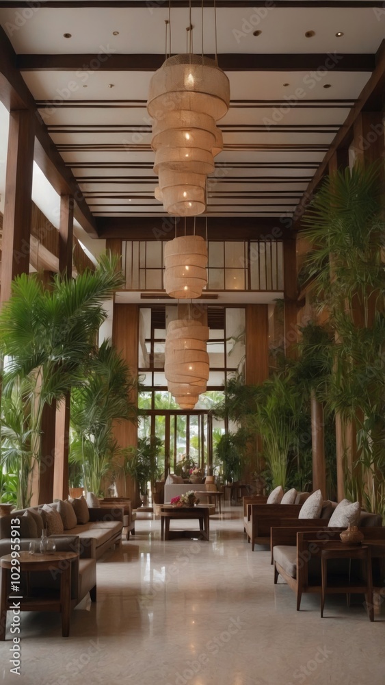 Fototapeta premium Luxurious Hotel Lobby Interior with High Ceiling and Natural Light