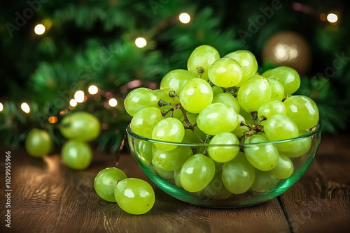 A bowl of green grapes sits on a wooden table and christmas tree on the background photo