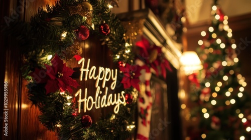 Festive holiday wreath with red poinsettias, gold and red ornaments, and glowing lights with "Happy Holidays" sign, with a blurred Christmas tree with lights in the background