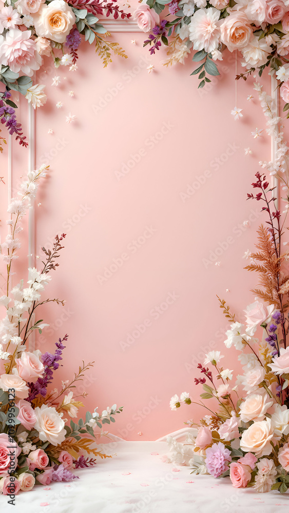 A pink wall with a white frame is adorned with a border of delicate pink and white flowers, creating a romantic and elegant aesthetic. A pink wall with a white frame is adorned with a border of delicate pink and white flowers, creating a romantic and elegant aesthetic.