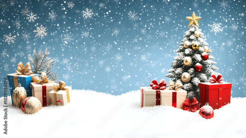 A festively decorated Christmas tree with gifts on snowy ground. A festively decorated Christmas tree with gifts on snowy ground.
