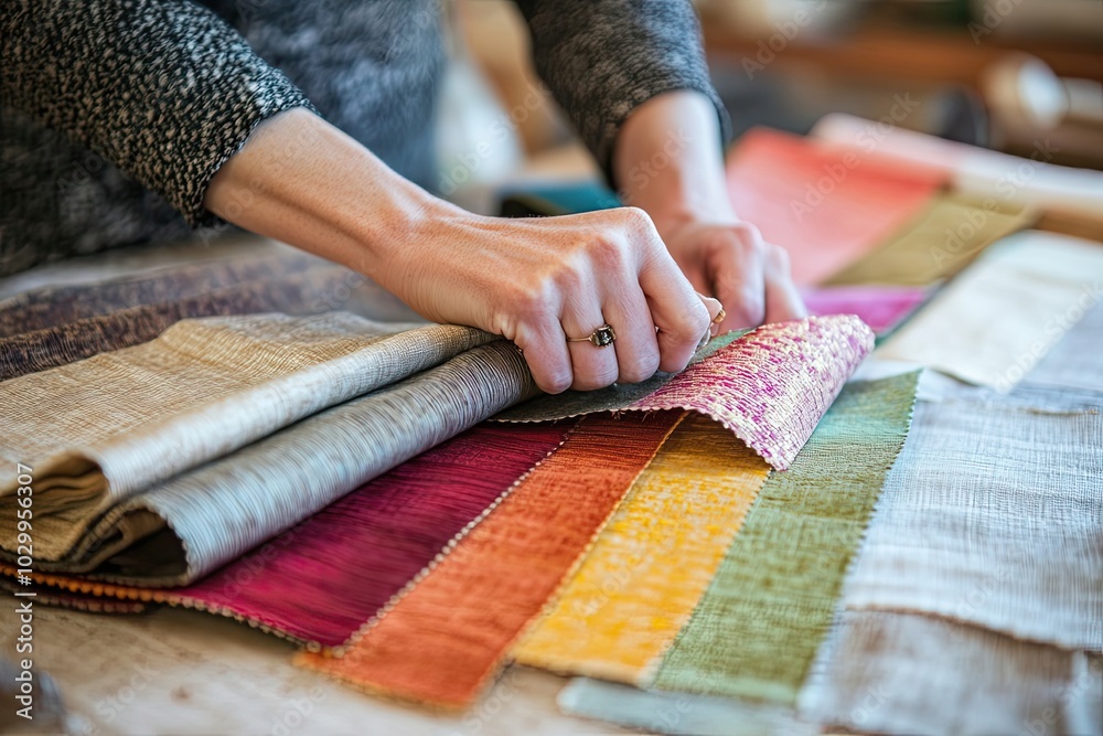Woman's Hand Holding Colorful Fabric Swatches Woman's Hand Holding Colorful Fabric Swatches