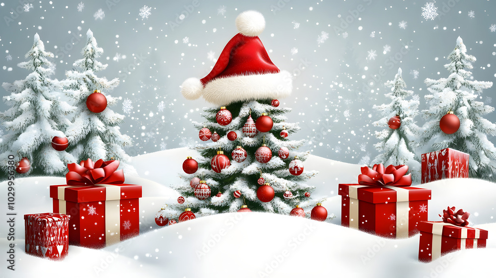 A festively decorated Christmas tree with gifts on snowy ground. A festively decorated Christmas tree with gifts on snowy ground.