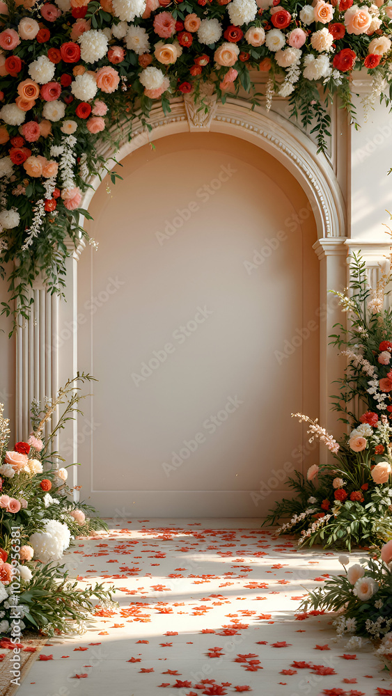 A white archway adorned with pink and red flowers, petals scattered on the floor. Green foliage adds a lush touch, creating a romantic wedding ceremony setting. A white archway adorned with pink and red flowers, petals scattered on the floor. Green foliage adds a lush touch, creating a romantic wedding ceremony setting.