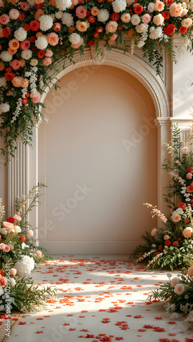 A white archway adorned with pink and red flowers, petals scattered on the floor. Green foliage adds a lush touch, creating a romantic wedding ceremony setting.