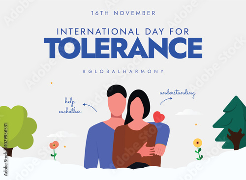 International day for Tolerance. 16th November Day for Tolerance celebration banner, post with a couple. The day generate public awareness of the dangers of intolerance in a diverse world.
