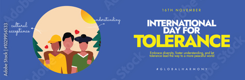 International day for Tolerance 16th November Cover banner. Day for Tolerance awareness banner with group of friends. The day focus on the importance of tolerance in an increasingly diverse world.