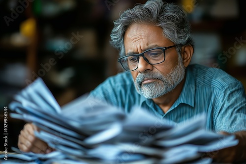 Focused Senior Man Reviewing Documents in Office Setting Under Intense Lighting