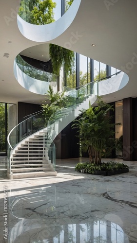 Modern Luxury Staircase with Glass Railings and Natural Light