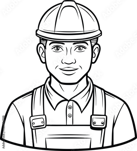 Continuous Line Art construction worker, Minimalist Black Linear Sketch isolated on white background.