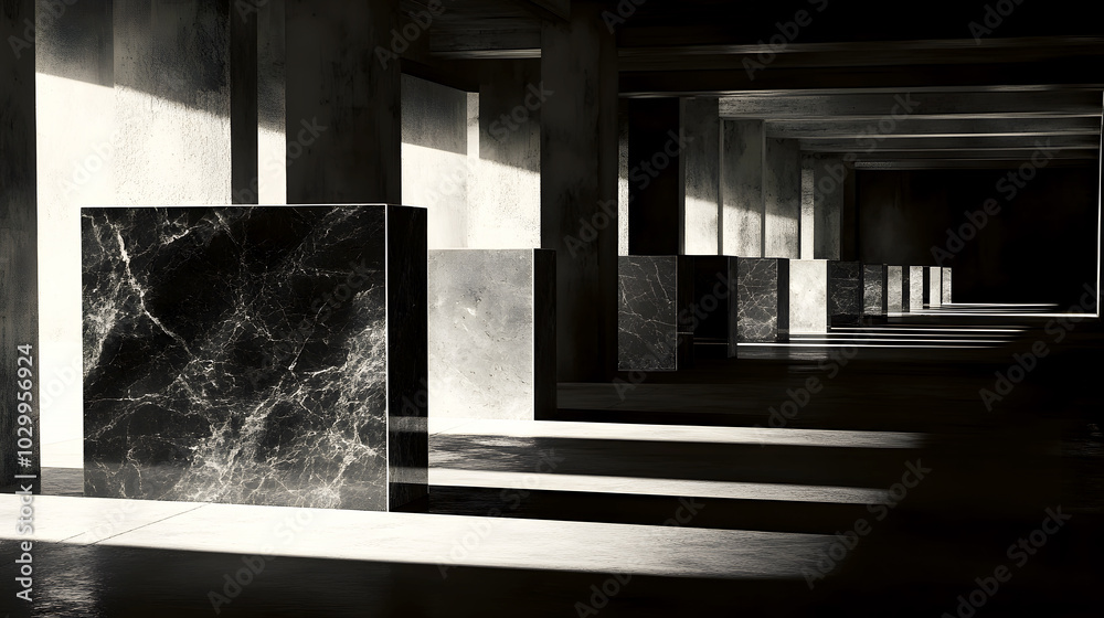 Black Marble Slabs in Factory Setting with Light Shadows