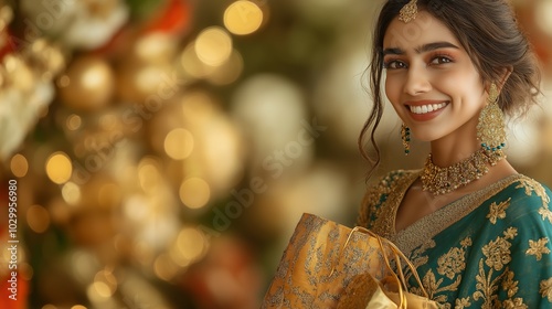 Smiling Woman in Intricate Traditional Attire Holding Bags During a Cultural Festival Shopping Spree photo