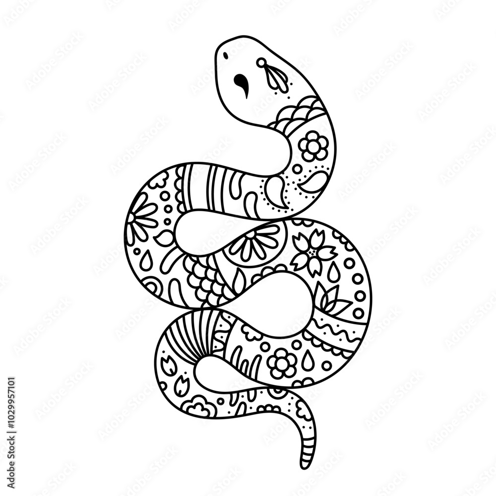 Fototapeta premium Chinese New Year snake character. Symbol of New Year 2025 snake with patterns in linear style. Zodiac sign year of the snake with flowers pattern. Illustration design of card, sticker, calendar.