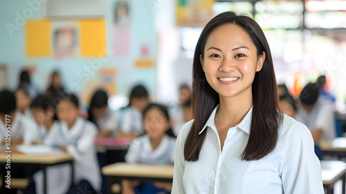 a photo portrait of a beautiful adult asian school teacher standing in the classroom. students sitting and walking in the break. blurry background behind. 