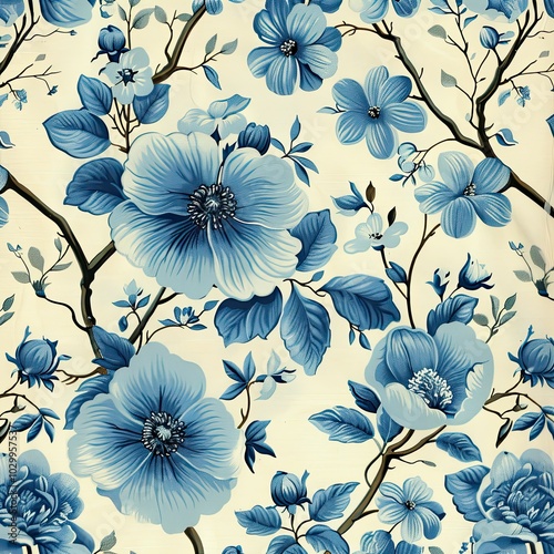 Vintage blue flower pattern on ivory background photo