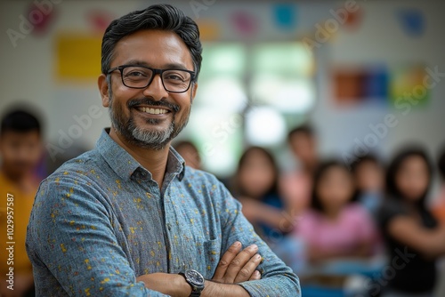 Smiling Indian Teacher Engaging Students in a Bright, Energetic Classroom Environment