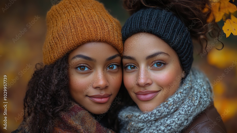 A portrait of a mixed lesbian couple in nature during autumn highlights their loving and confident expressions. A portrait of a mixed lesbian couple in nature during autumn highlights their loving and confident expressions.