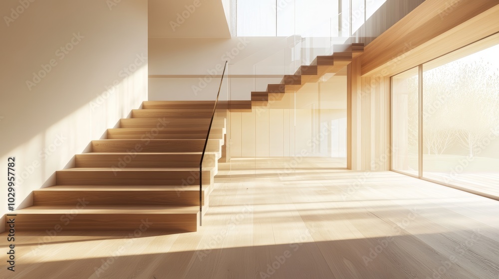 Obraz premium Modern Australian Home Interior with Wooden Staircase and Glass Balustrade Generative AI