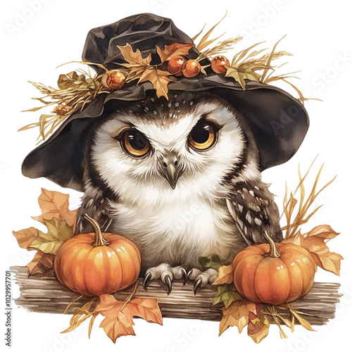 Funny owl in black witch hat with pumpkins on white isolated background. Autumn decoration illustration for Halloween holiday, design for kids party photo