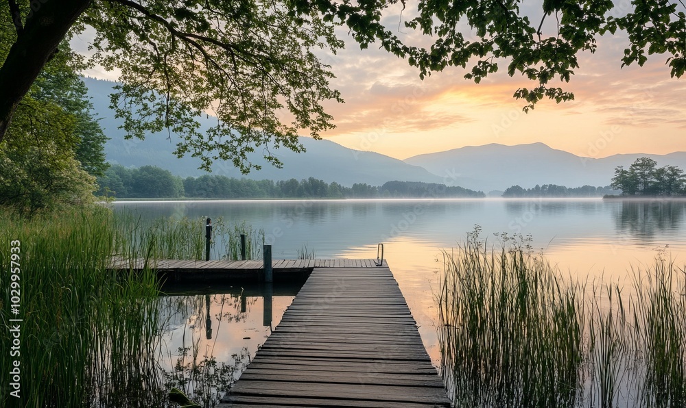 Obraz premium Quiet lake with bathing jetty after sunset, bathing area