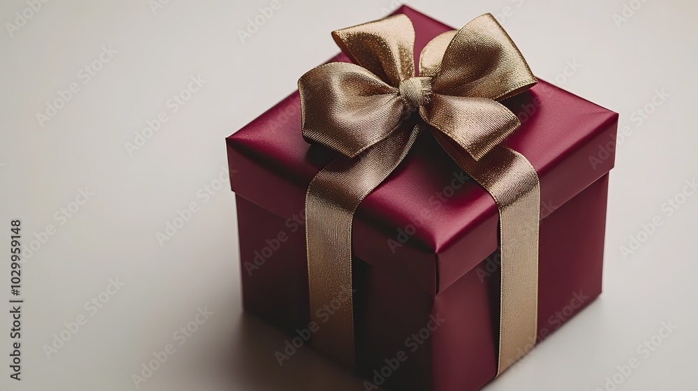 A red gift box tied with a shiny gold ribbon against a white backdrop. A red gift box tied with a shiny gold ribbon against a white backdrop.