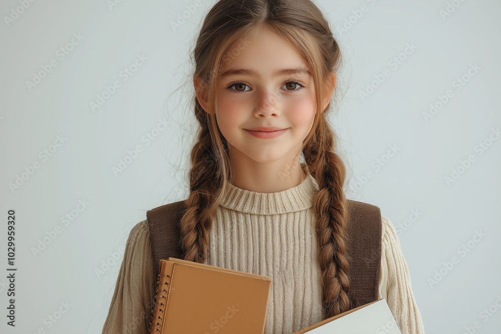 Obraz premium Smiling Girl with Braided Hair Holding Notebooks in a Cozy Sweater Ready for School