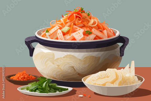 Kimchi is a traditional Korean side dish consisting of salted and fermented vegetables, most often napa cabbage or Korean radish illustration