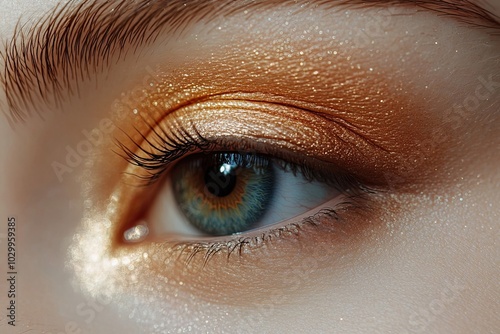 Close-up of a Woman's Eye with Golden Glitter Eyeshadow and Long Eyelashes photo