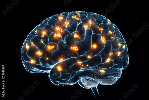 Illustration of a glowing brain with neural connections on a black background. photo