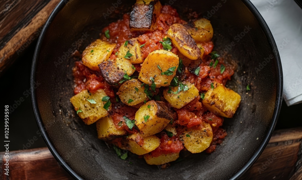 Tomato sauce over crispy potatoes in a bowl Tomato sauce over crispy potatoes in a bowl