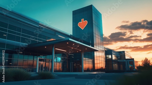 Large hospital complex with a towering medical symbol projected in front of the entrance.