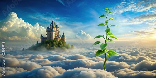 Stock photo of beanstalk rising into clouds with giant palace, leading lines photo