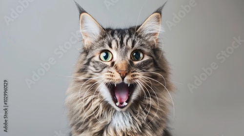 Playful maine coon cat with surprised expression against grey background. Cope space