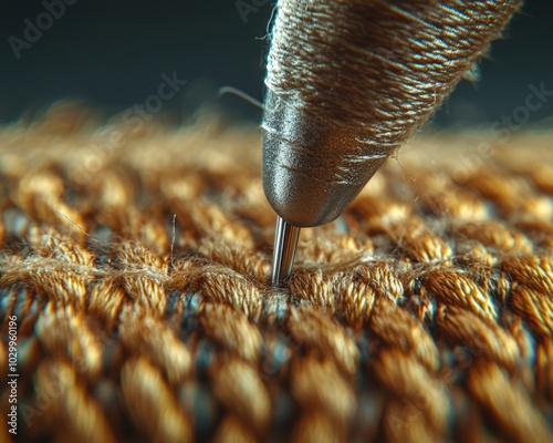 Close-up of a needle piercing through fabric. photo