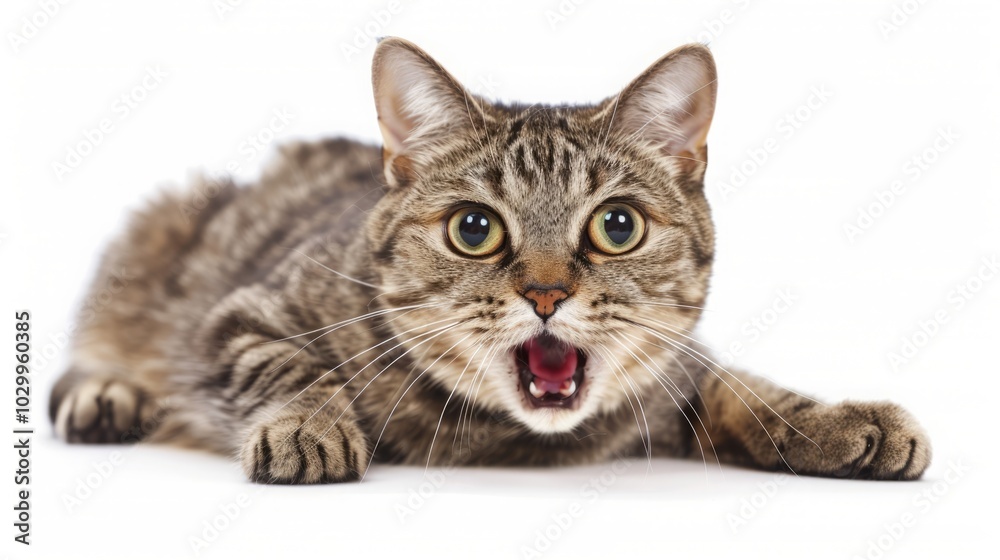 Playful tabby cat with expressive face on white background. Cope space Playful tabby cat with expressive face on white background. Cope space