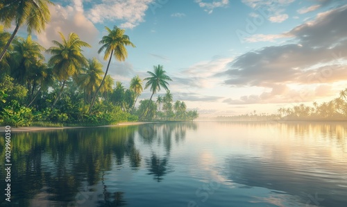 Serene tropical lagoon at sunrise, with calm waters reflecting the sky and palm trees lining the shore